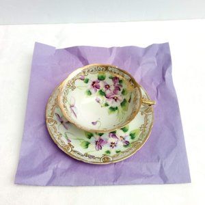 Gorgeous Pansy Lavender & Gold Porcelain Teacup Very OLD